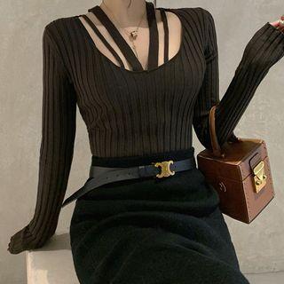 Long-sleeve Paneled Knit Top Coffee - One Size