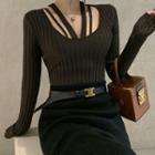 Long-sleeve Paneled Knit Top Coffee - One Size
