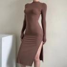 Long-sleeve Split Hem Plain Sheath Dress