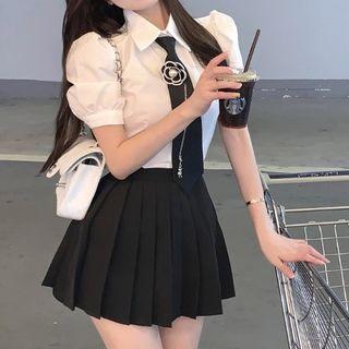 Pleated Mini A-line Skirt / Blouse With Necktie