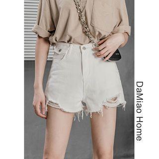 High-waist Distressed Denim Wide Shorts