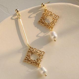 Square Alloy Faux Pearl Asymmetrical Dangle Earring 1 Pair - A387 - Gold - One Size