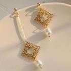 Square Alloy Faux Pearl Asymmetrical Dangle Earring 1 Pair - A387 - Gold - One Size