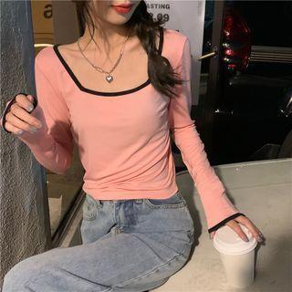 Long-sleeve Square-neck Pink Top Pink - One Size