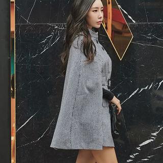 Stand-collar Houndstooth Cape With Belt