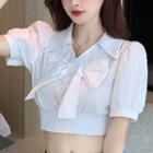 Short-sleeve Bow-front Shirred Crop Top