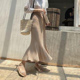 Ruffle-hem Fitted Knit Midi Skirt