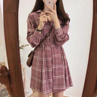 Long-sleeve Plaid A-line Mini Shirt Dress