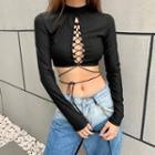 Long-sleeve Plain Lace-up Cropped Top