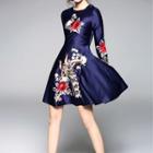 3/4-sleeve Floral Embroidery A-line Mini Dress