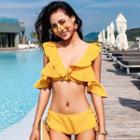 Set: Frill Trim Bikini + Leaf Print Cover-up