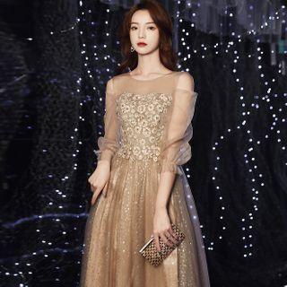 Puff-sleeve Cold-shoulder Floral A-line Evening Gown