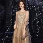 Puff-sleeve Cold-shoulder Floral A-line Evening Gown