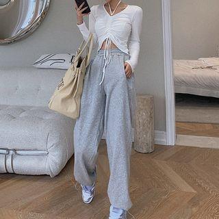 Long-sleeve Drawstring Crop Top / Wide-leg Pants