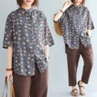 Dotted Mandarin Collar Elbow-sleeve Shirt As Shown In Figure - One Size