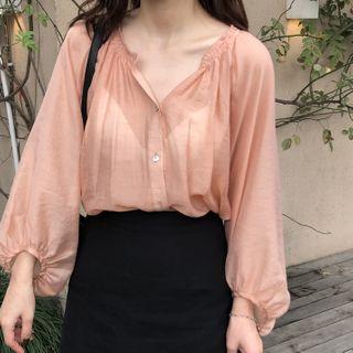 Long-sleeve Plain Blouse / Midi A-line Pinafore Dress