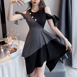 Asymmetrical Short-sleeve Striped Panel Dress
