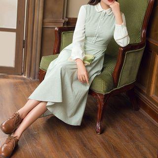 Long-sleeve Floral Embroidered Gingham Panel Midi A-line Dress