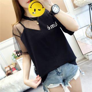 Short-sleeve Sheer Panel Letter Top