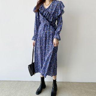 Floral Ruffle Trim Midi A-line Dress
