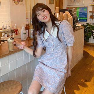 Short-sleeve Collar Floral A-line Dress Blue - One Size