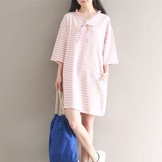 3/4-sleeve Hooded Striped T-shirt Dress