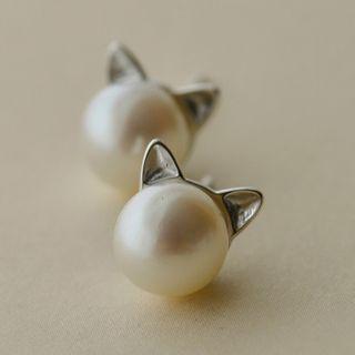 Faux Pearl 925 Sterling Silver Cat Earring 1 Pair - 925 Silver - As Shown In Figure - One Size