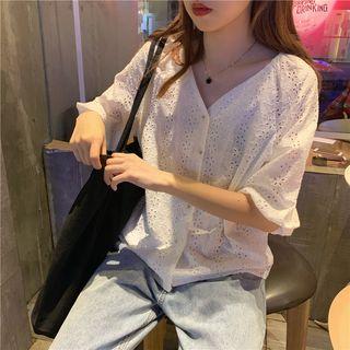 Eyelet Lace V-neck Short-sleeve Blouse As Figure - One Size