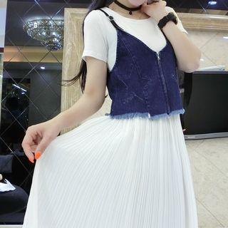 Set: Short-sleeve Pleated Dress + Denim Spaghetti Strap Top