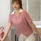 Short-sleeve V-neck Color Block Cropped Zip T-shirt