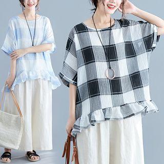 3/4-sleeve Frill Trim Crinkled Plaid Top