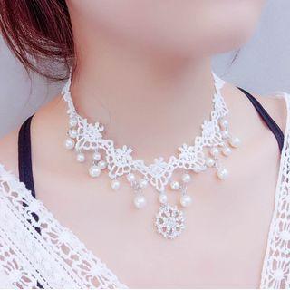 Rhinestone Pendant Beaded Lace Choker N3007 - One Size