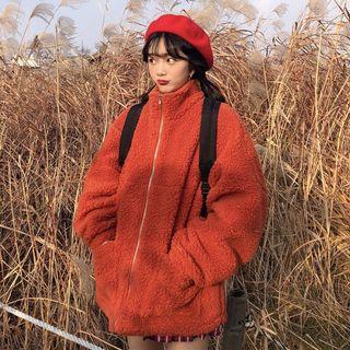 Pocketed Fleece Zip Jacket Orange - One Size