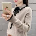 Polo-neck Lace Bow Sweater