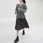 V-neck Sweater / Floral Print Midi A-line Skirt