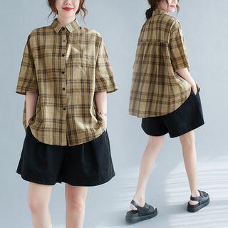 Short-sleeve Plaid Shirt Plaid - Beige - One Size