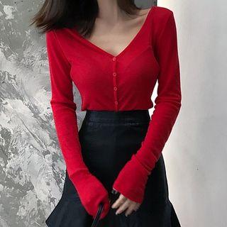Plain V-neck Shirt / Faux Leather Mini A-line Skirt