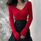 Plain V-neck Shirt / Faux Leather Mini A-line Skirt