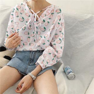 Peach Loose-fit V-neck 3/4-sleeve Blouse