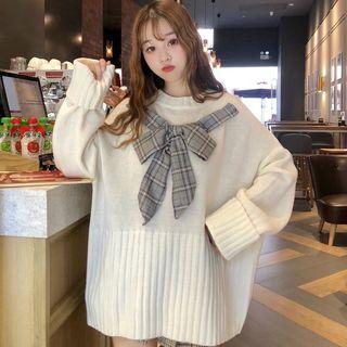Detachable Turtleneck Plaid Bow Accent Sweater
