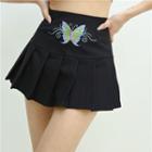 High-waist Embroider Butterfly Pleated A-line Mini Skirt