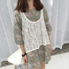 Set: Flora Print 3/4 Sleeve Tunic + Lace Tank Top