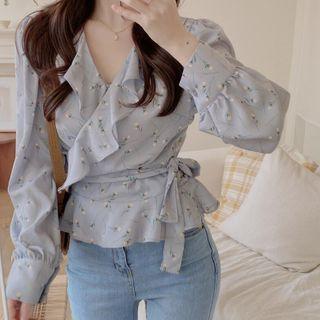 Floral Long-sleeve Ruffle Trim Wrap Blouse