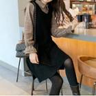 Mock Two-piece Long-sleeve Plaid Panel Fleece-lined Knit Dress