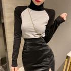 Turtleneck Colorblock Raglan T-shirt As Shown In Figure - One Size