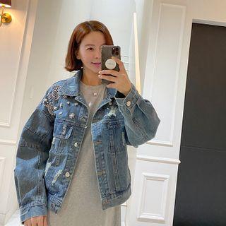 Rhinestone Ripped Denim Trucker Jacket Blue - One Size