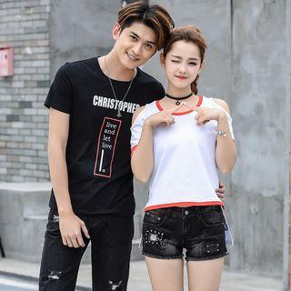 Couple Matching Lettering Short-sleeve T-shirt / Cold Shoulder Short-sleeve T-shirt