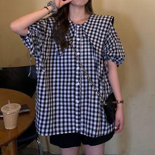 Short-sleeve Sailor-collar Gingham Blouse