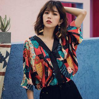 Elbow-sleeve Print Top As Shown In Figure - One Size