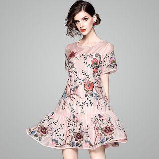 Set: Short-sleeve Embroidered A-line Dress + Spaghetti Strap Dress